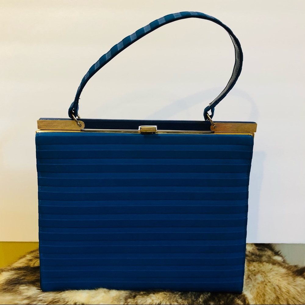 Vintage Suede Leather Kiss Me Closure Royal Blue Handbag